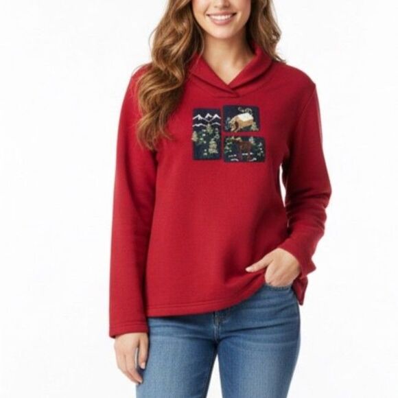 Vintage Breckenridge Deep Red Winter Cabin Scene Shawl Collar LS Sweatshirt XL - Picture 1 of 13